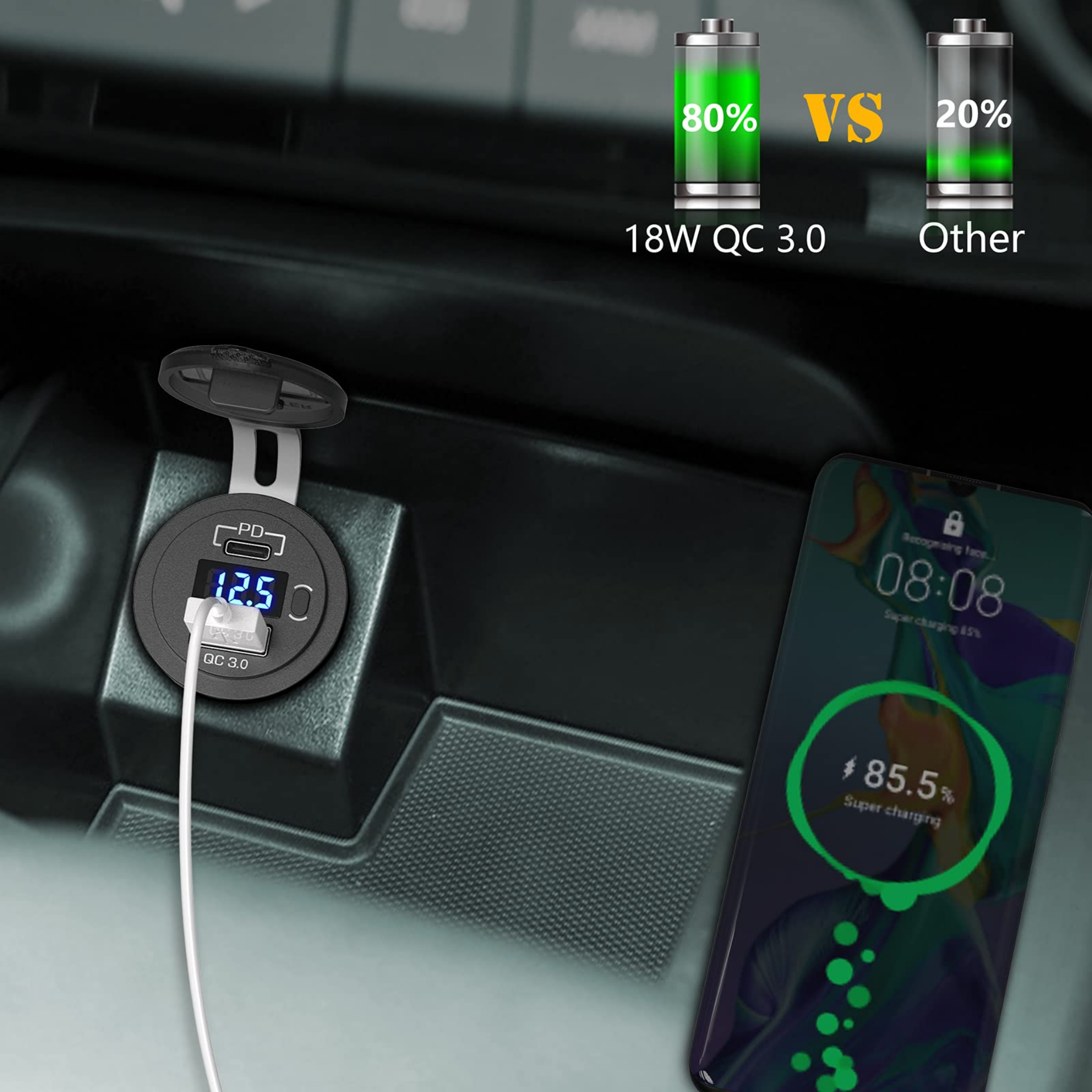 12V Dual PD Type C & USB QC3.0 Car Charger With LED Voltmeter Switch - Image 2