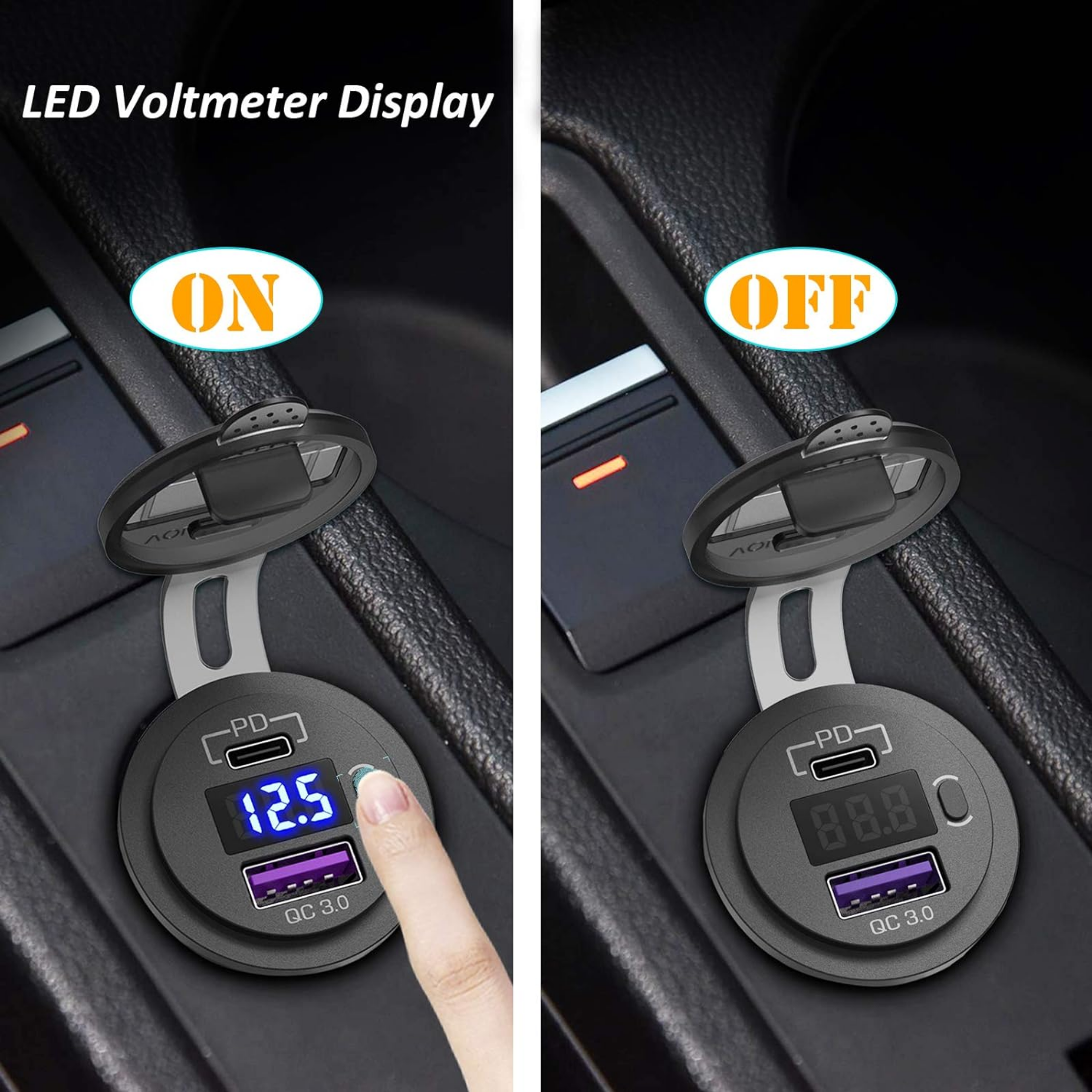 12V Dual PD Type C & USB QC3.0 Car Charger With LED Voltmeter Switch - Image 5