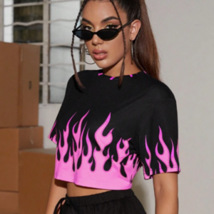 Black And Pink Flame Crop T-Shirt